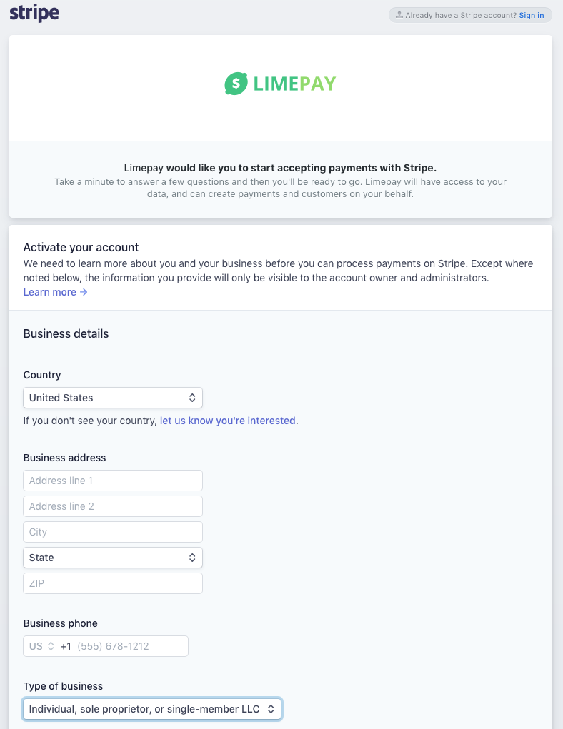 stripe account setup on limepay